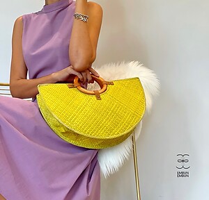 Handwoven Mengkuang Bag Halfmoon with Wooden Handle