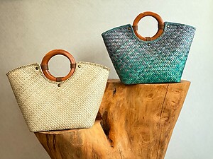 Handwoven Mengkuang Bucket Oval Wooden Handle