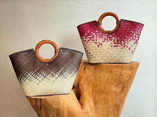 Handwoven Mengkuang Bucket Oval Wooden Handle